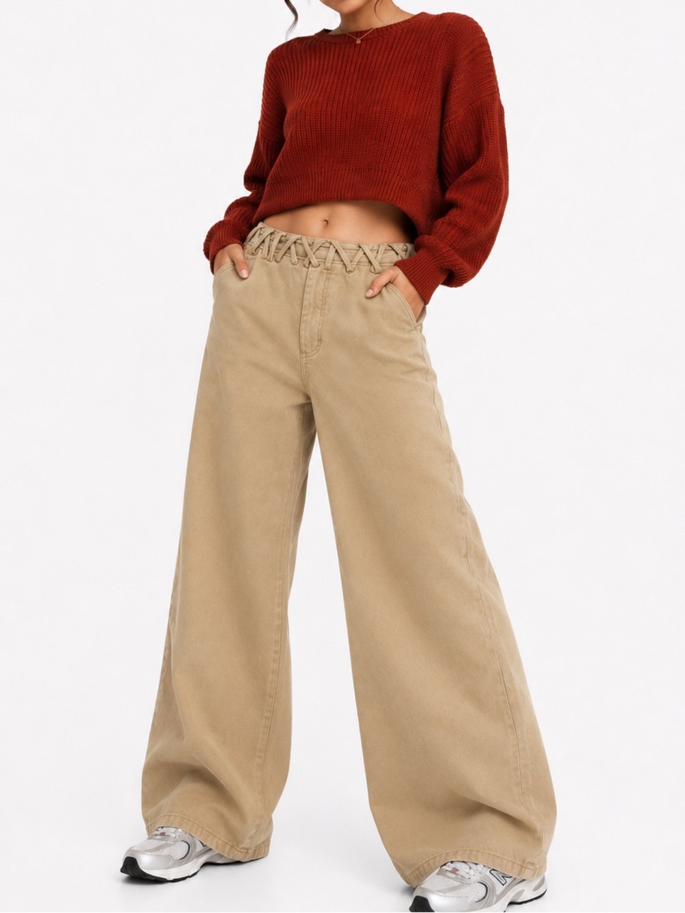 8321.New Wide Leg Lace-Front Pants in Khaki
